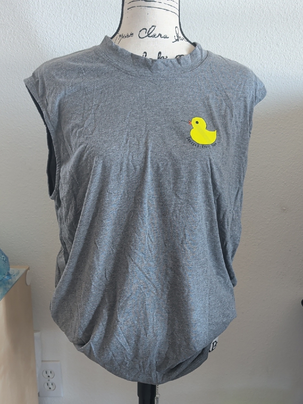 Gray Sleeveless Tee with Yellow Sandra Hobby Farm Duck Logo